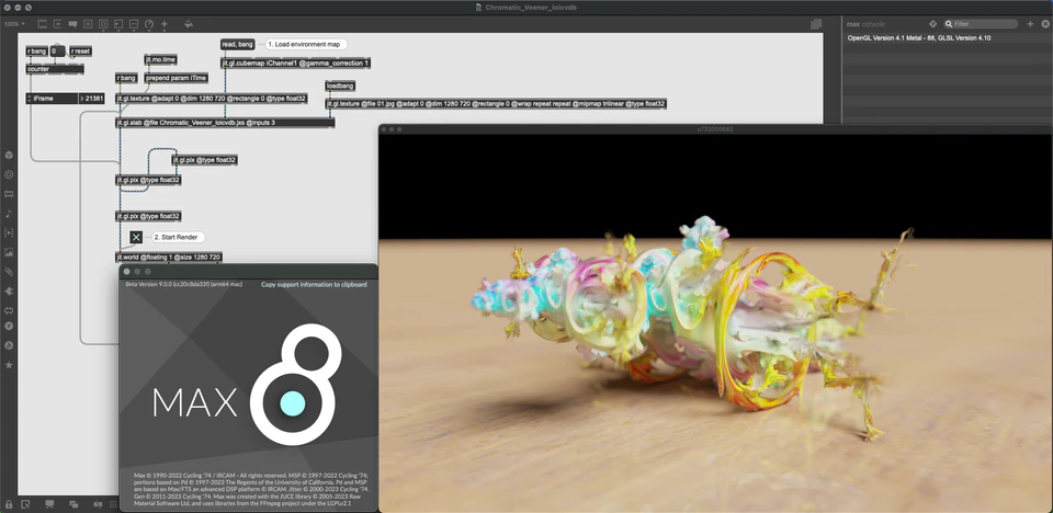 Max/MSP/Jitter patcher with a low multicolored translucent form on a pale surface and the Max 8 splash panel.