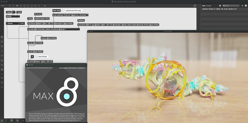 Max/MSP/Jitter patcher with a side-on multicolored translucent form and the Max 8 splash panel.