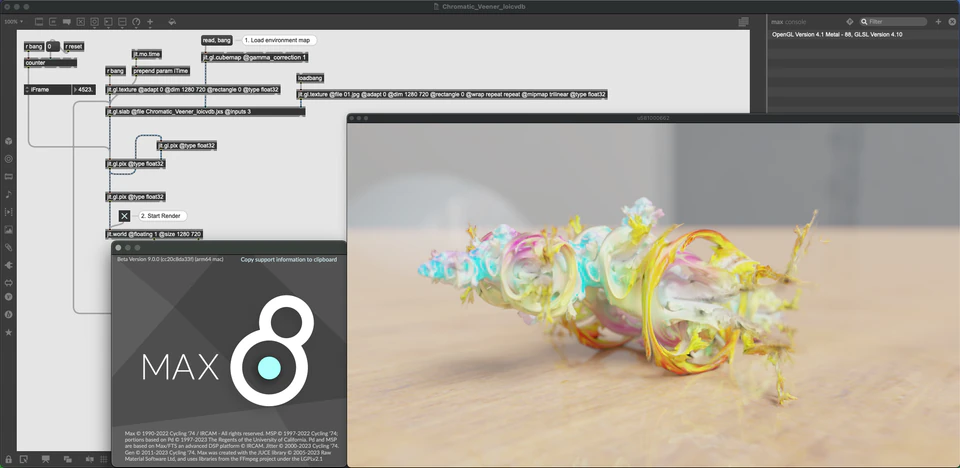 Max/MSP/Jitter patcher with a brightly colored translucent form and the Max 8 splash panel.