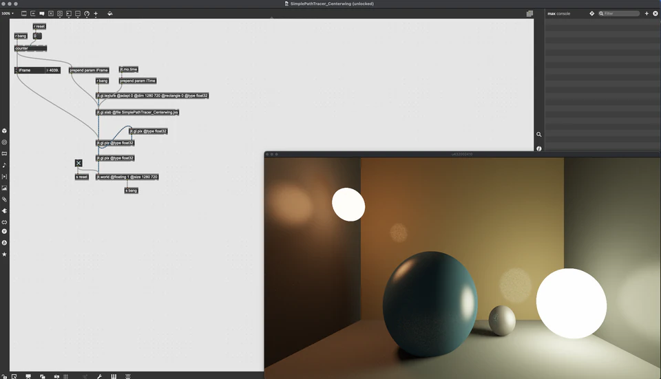 Max/MSP/Jitter patcher with dark, white, and metallic spheres lit against a warm gradient.
