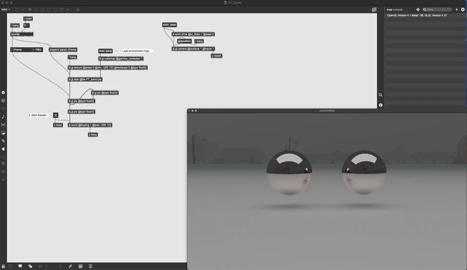 Max/MSP/Jitter patcher with two reflective spheres on a muted architectural background.