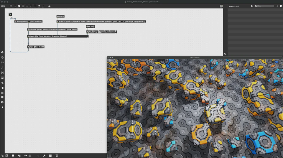 Max/MSP/Jitter patcher with a close-up mottled surface in gray, gold, and blue.