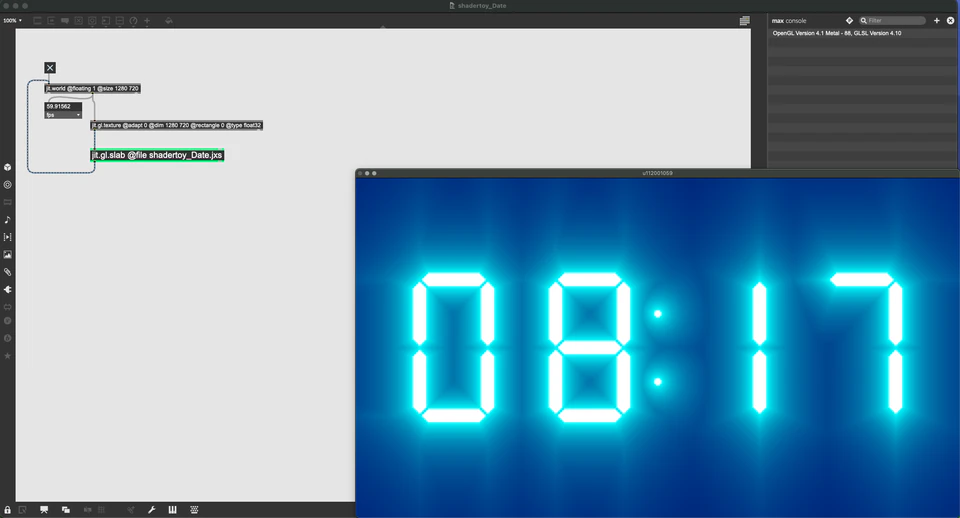 Max/MSP/Jitter patcher with a blue seven-segment digital clock reading 08:17.