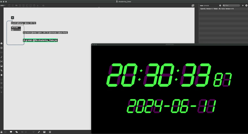 Max/MSP/Jitter patcher with a green seven-segment digital clock showing a time and date.
