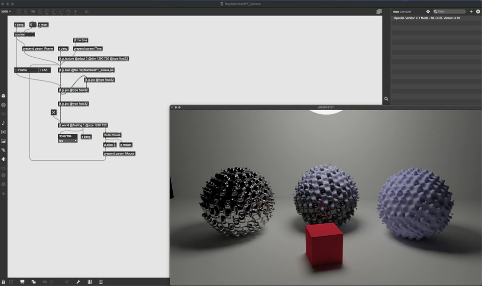 Max/MSP/Jitter patcher with three textured spheres and a red cube on a reflective floor.