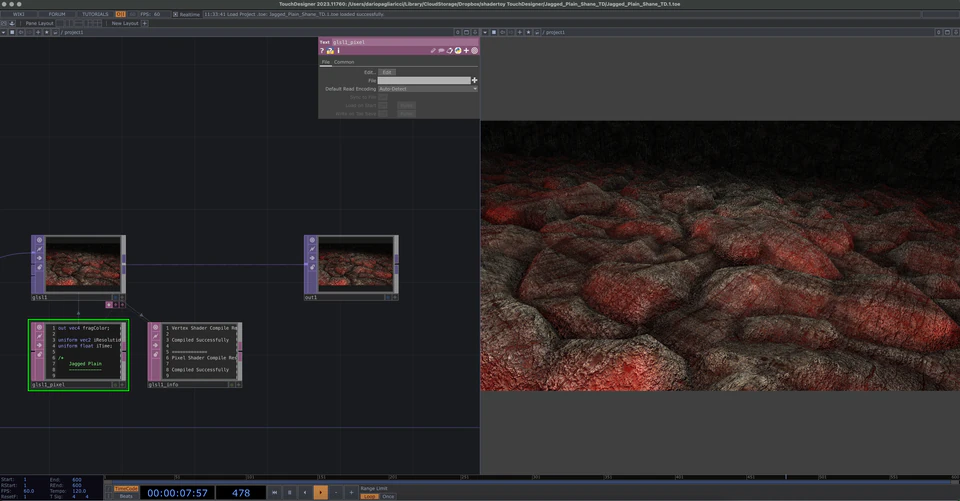 TouchDesigner network showing a red-and-black organic textured landscape.