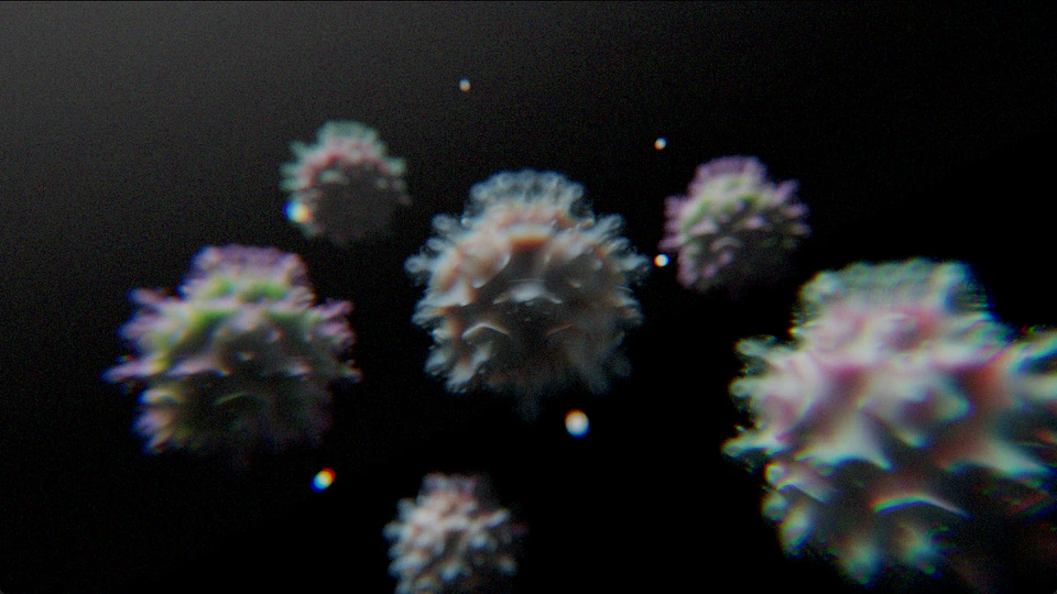 Soft-focus render of colorful fuzzy forms floating against black, viewed from a similar composition.