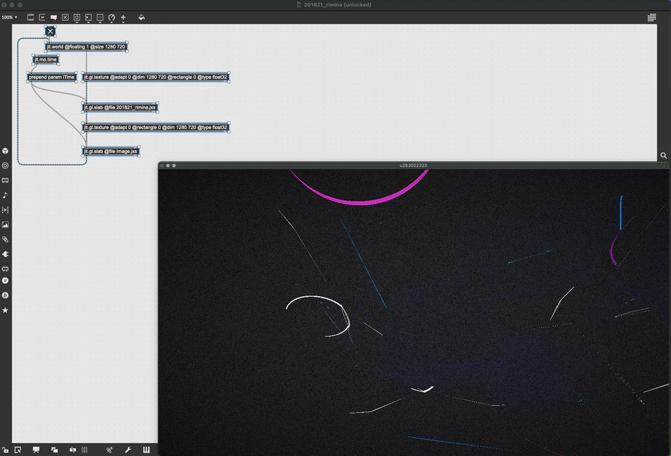 Max/MSP/Jitter patcher with sparse curved light traces on a dark field.