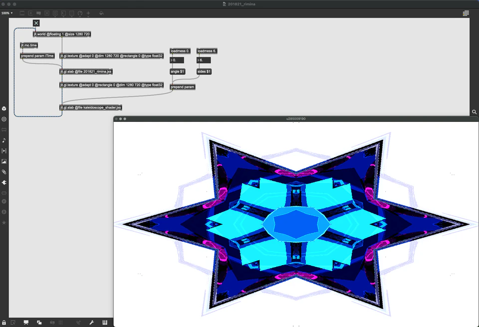 Max/MSP/Jitter patcher with a blue geometric star-like form on a white background.