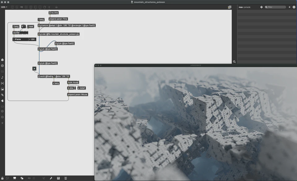 Max/MSP/Jitter patcher with a pale snow-covered mountain or rocky landscape.