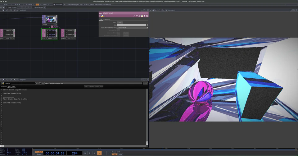 TouchDesigner network with a misty snow-covered mountain or rocky landscape.