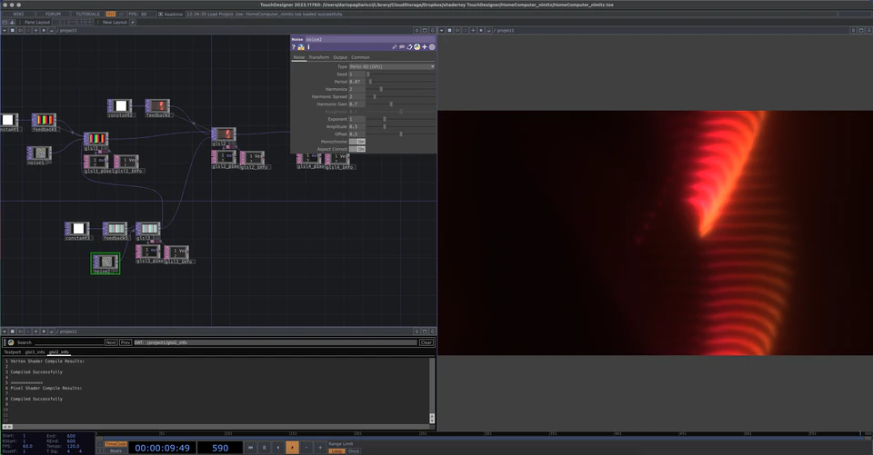 TouchDesigner network showing a colorful geometric scene with angular forms and a magenta sphere.