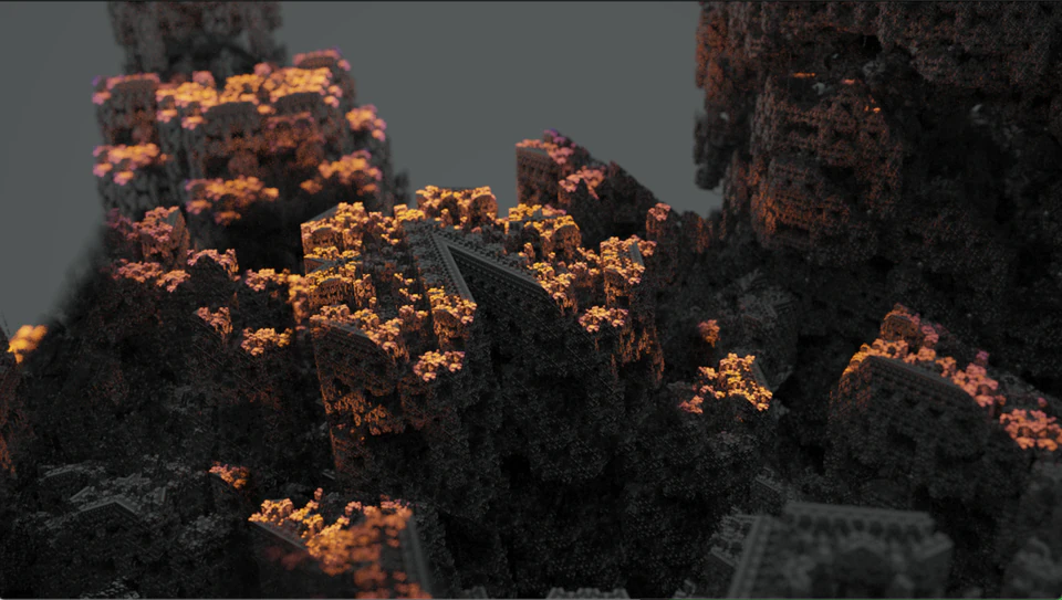 Fractal-like canyon scene with dark blocky formations and warm orange highlights.