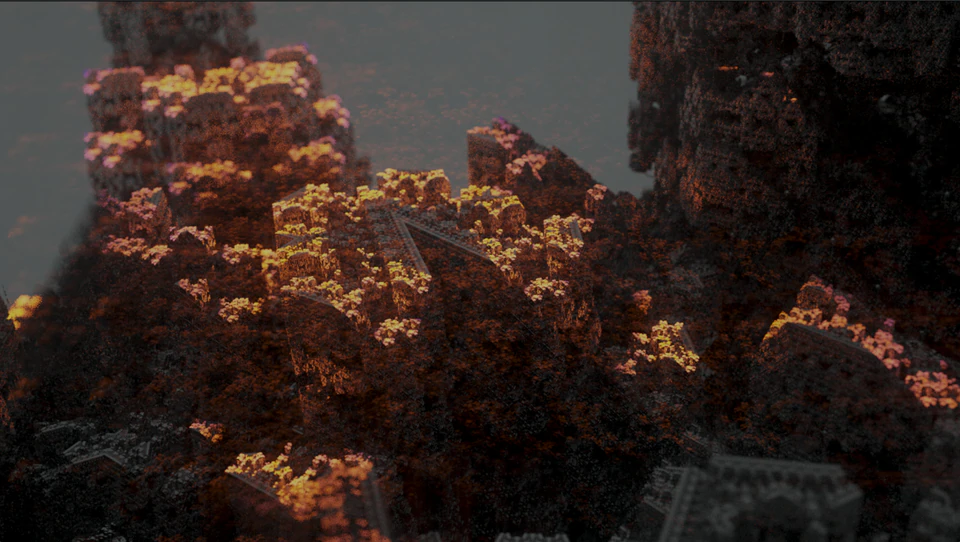 Fractal-like canyon scene with dark blocky formations and warm orange highlights in a slightly wider view.