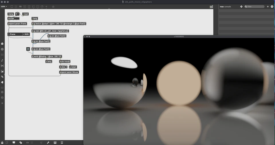 Max/MSP/Jitter patcher with black, beige, and gray spheres reflected on a glossy floor.