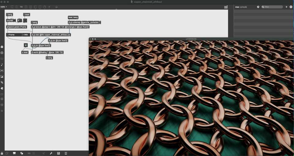 Max/MSP/Jitter patcher with repeating copper-colored curved links over a dark teal surface.