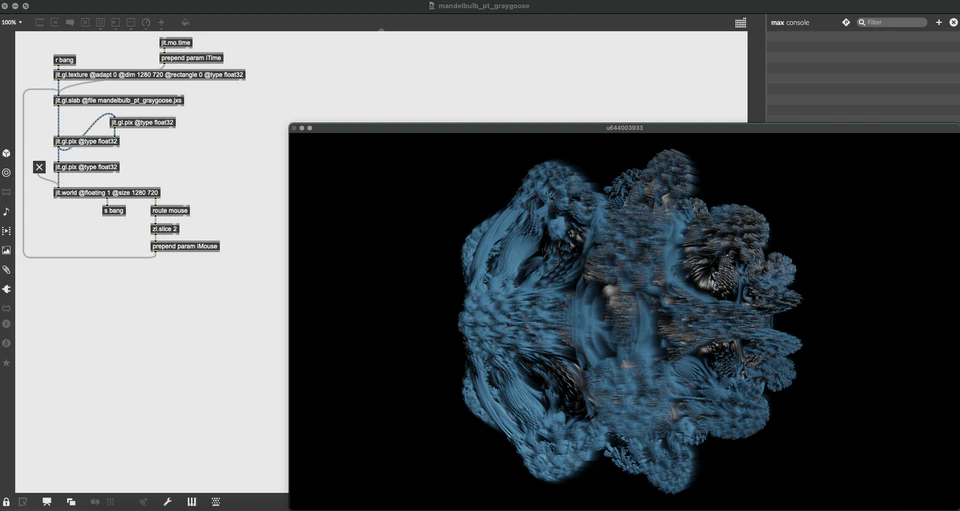Max/MSP/Jitter patcher with a blue fuzzy organic form floating against black.