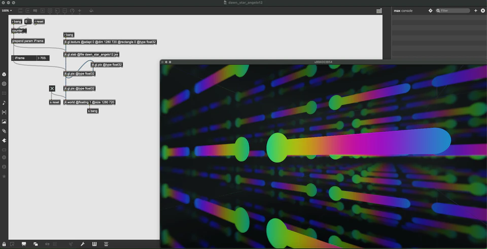 Max/MSP/Jitter patcher with colorful rounded bars and circles receding into depth.