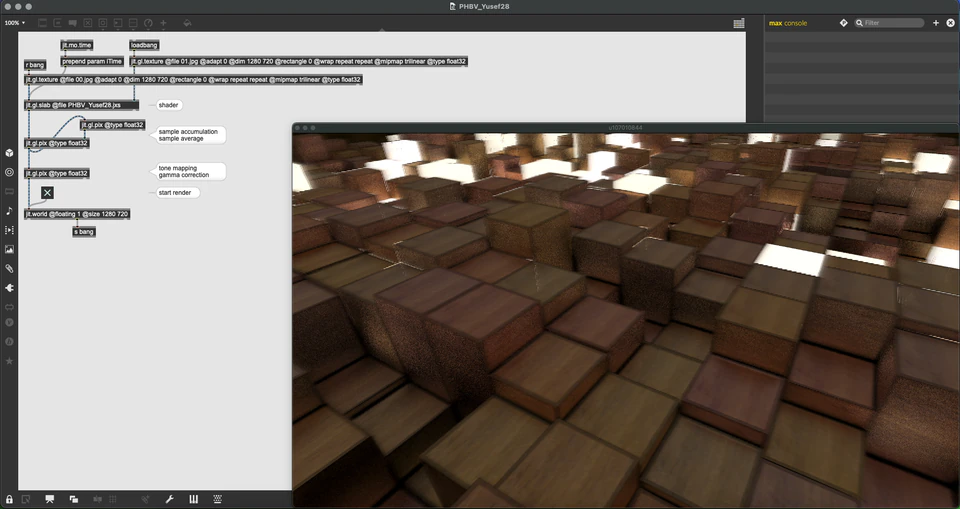 Max/MSP/Jitter patcher with a field of reflective brown cubes and bright highlights.
