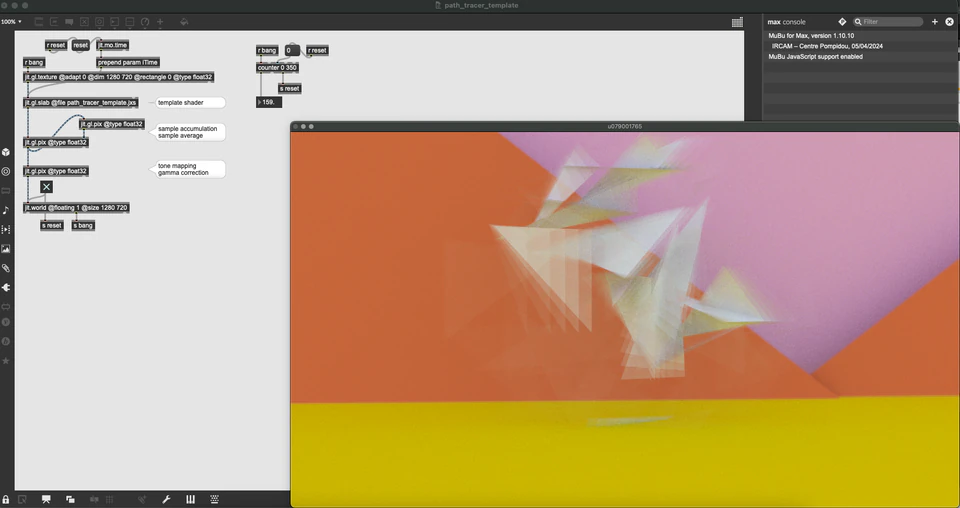 Max/MSP/Jitter patcher with overlapping translucent angular forms in orange, pink, and yellow.