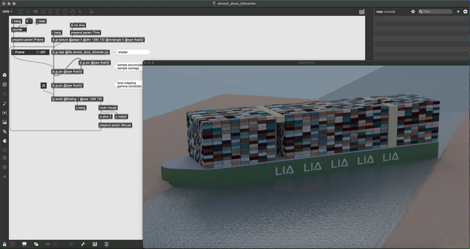 Max/MSP/Jitter patcher with a low rectangular object covered in repeating text-like markings.