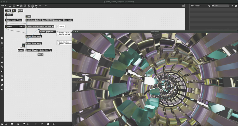 Max/MSP/Jitter patcher with a mirrored tunnel of metallic rectangular forms.