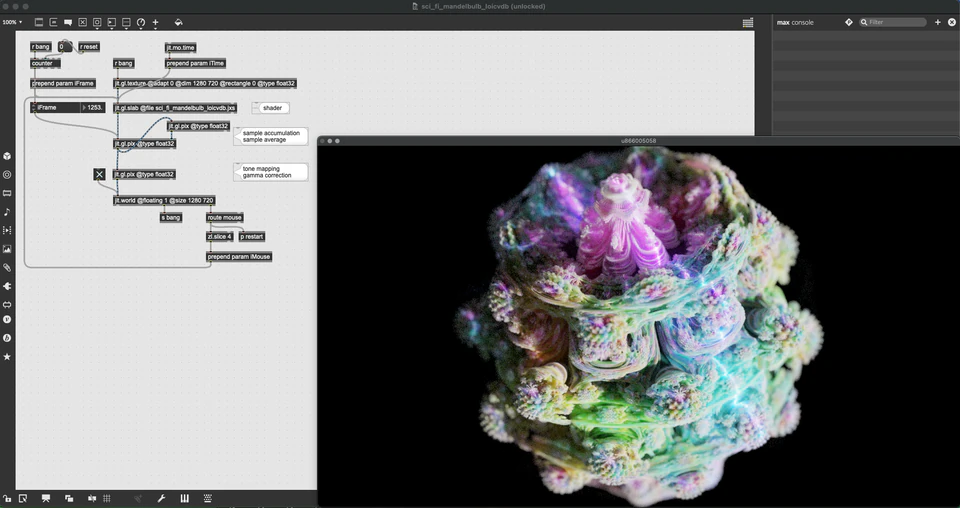 Max/MSP/Jitter patcher with a colorful fuzzy clustered form isolated against black.
