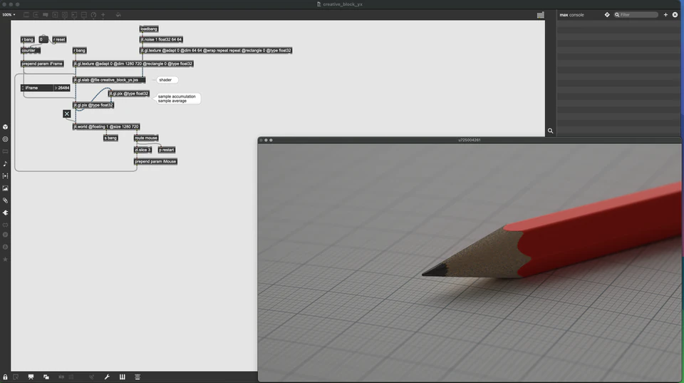 Max/MSP/Jitter patcher with a close-up red pencil-like form on a pale floor.