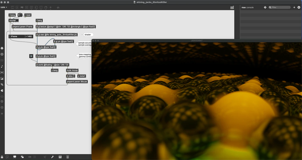 Max/MSP/Jitter patcher with rounded yellow and green forms filling a dark scene.