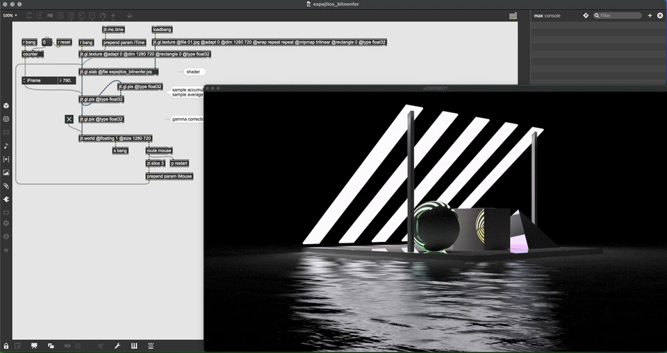Max/MSP/Jitter patcher with striped panels and geometric objects over a glossy black floor.