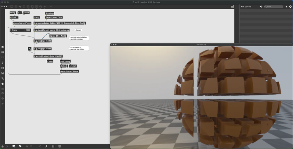 Max/MSP/Jitter patcher with a fragmented brown sphere reflected on a checkerboard floor.