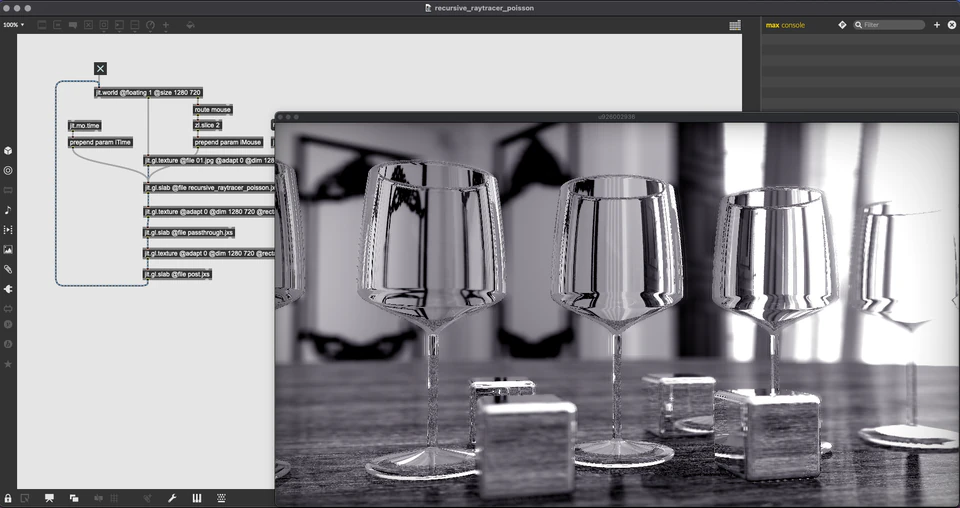 Max/MSP/Jitter patcher with reflective goblet-like forms on a glossy surface.