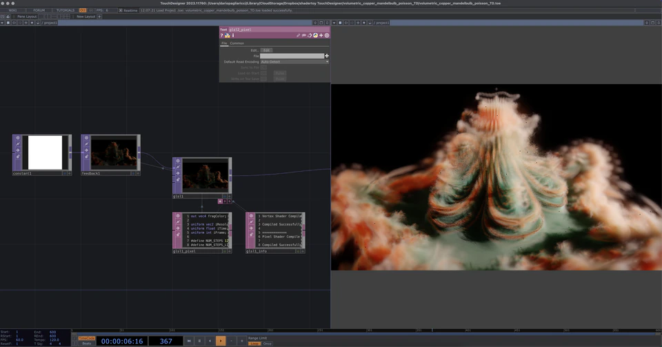 TouchDesigner network showing a glowing orange fuzzy organic form.