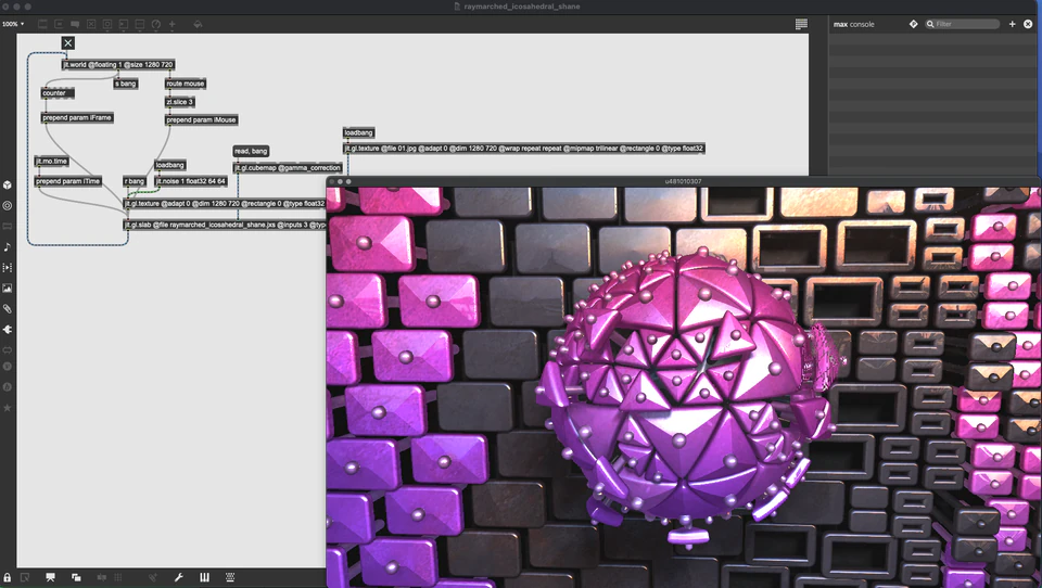 Max/MSP/Jitter patcher with a faceted purple sphere-like object against a keyboard-textured wall.