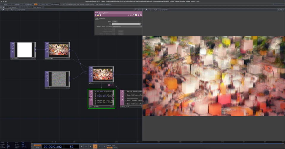 TouchDesigner network showing a blurred mosaic of colorful rectangular forms.