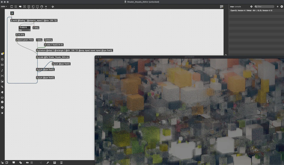 Max/MSP/Jitter patcher showing a soft-focus field of small colored cubes.