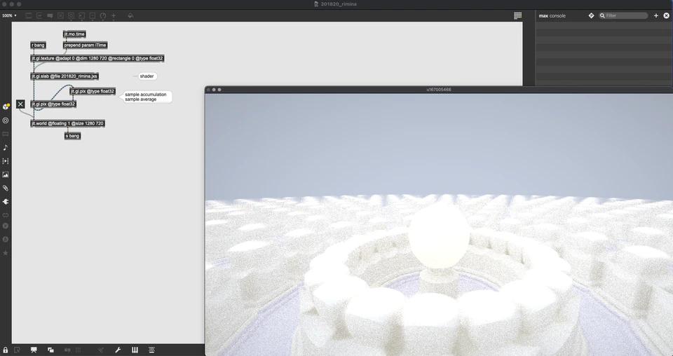 Max/MSP/Jitter patcher with a bright white circular landscape and concentric forms.