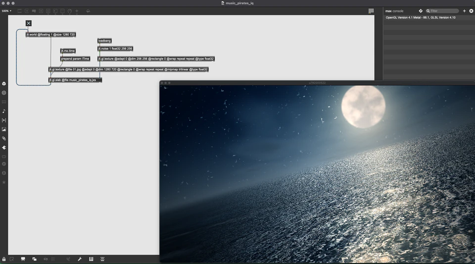 Max/MSP/Jitter patcher with a full moon over a dark, rippling ocean.
