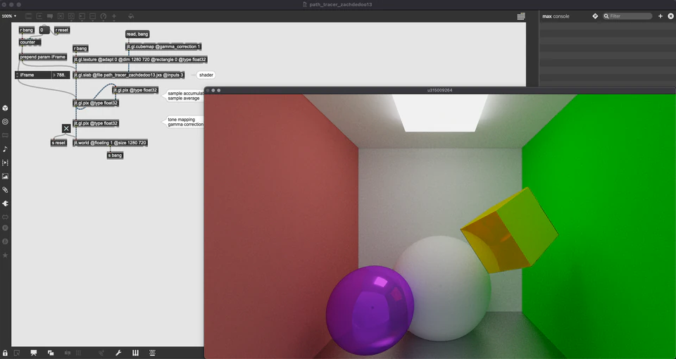 Max path-tracing patch showing a lit room with red and green walls, a purple sphere, a white sphere, and a tilted yellow cube