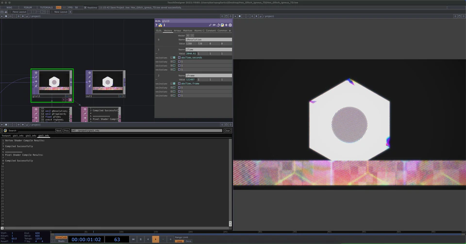 TouchDesigner GLSL network displaying a white hexagonal form with a striped circular center and colorful band