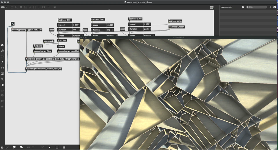 Max recursive Voronoi network beside a bright close view of layered metallic geometric surfaces