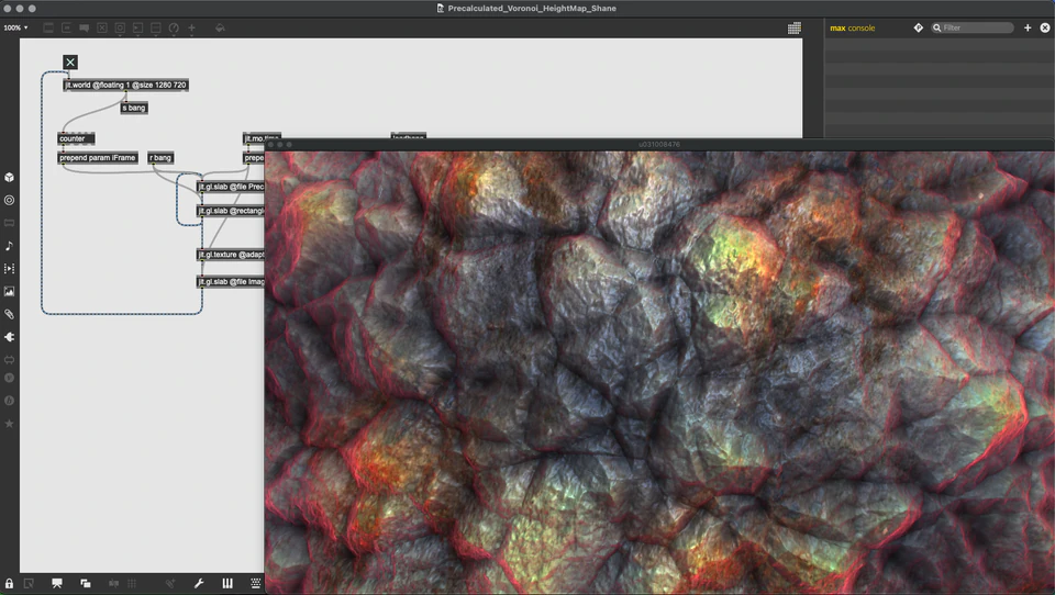 Max Voronoi height-map render showing densely packed rough stone-like forms with red and green highlights