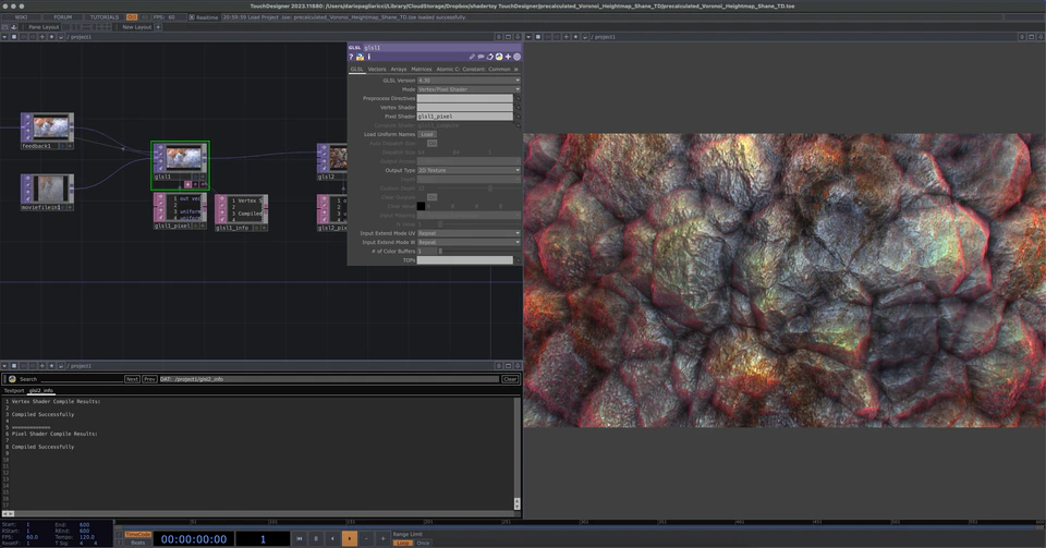 Max node patch and output window showing a mottled red, gray, green, and amber procedural surface
