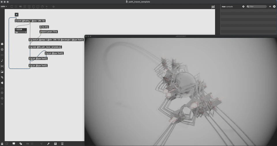 Max path-tracer render showing a faint branching geometric form on a gray background