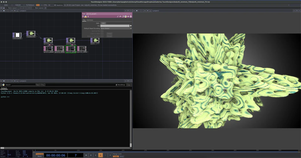 Max shader network displaying a luminous lime-green irregular organic form