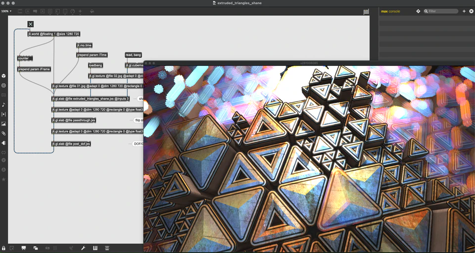 Max extruded-triangles render showing tightly packed reflective triangular surfaces