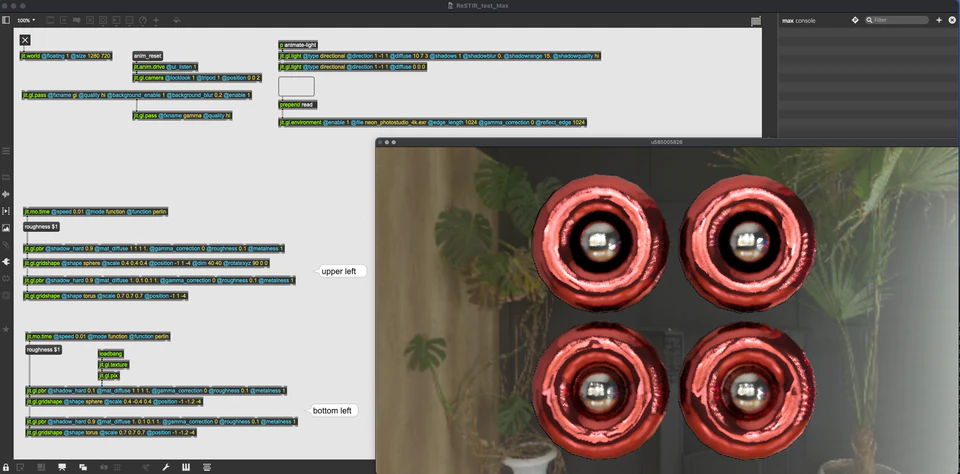 Max ReSTIR test showing four red ring-like forms over a muted background