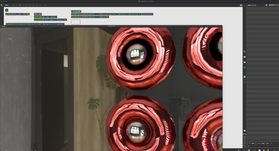 Close Max render of cropped red ring-like forms with dark centers