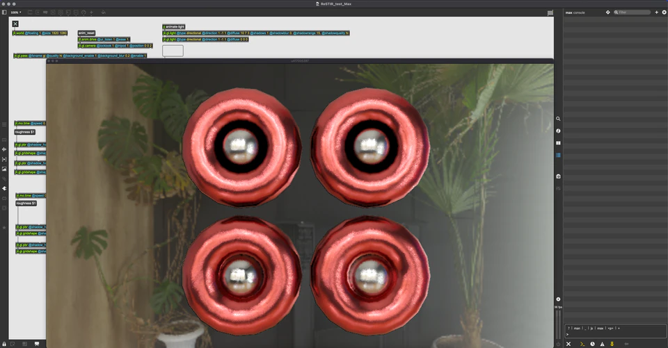 Max render showing four red ring-like forms arranged in a square over a muted scene