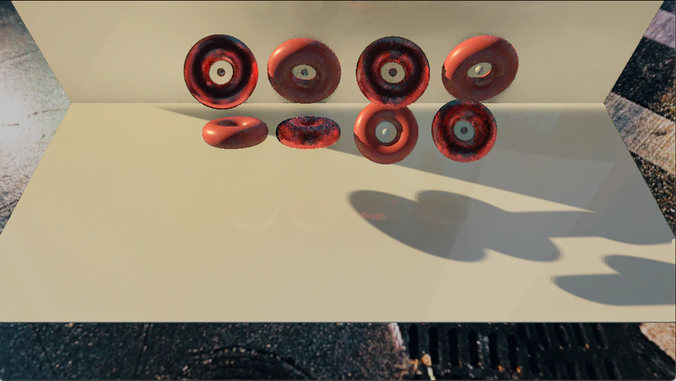 Render of red ring-like forms floating above a pale plane with cast shadows